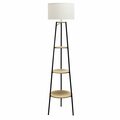 Simple Designs 62.5in Tripod 3 Tier Shelf Standing Floor Lamp, White Drum Fabric Shade, Light Wood LF2015-LWD